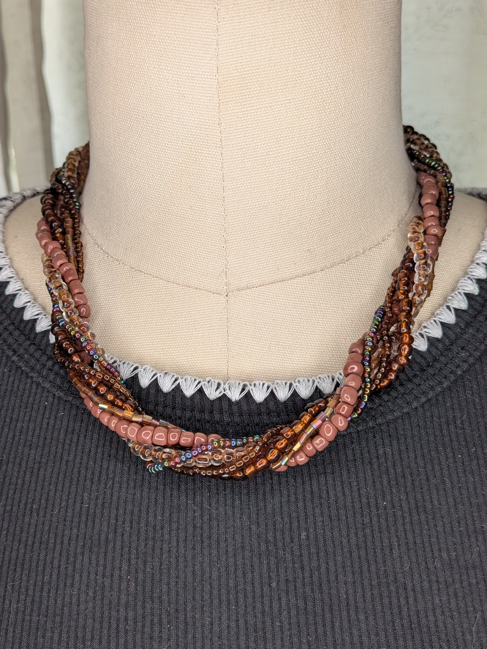 Multi Strand Seed Bead Twisted Statement Necklace Earth Tones Brown Terracotta